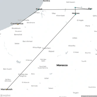 tourhub | Morocco Premium Tours | Moroccan Express: A 3-Day Adventure from Casablanca to Marrakech via Rabat, Fes, Volubilis, and Meknes. | Tour Map