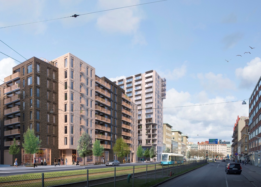 Riksbyggens nya bostadskvarter på Första Långgatan i Göteborg. Ritat av Kanozi Arkitekter. 