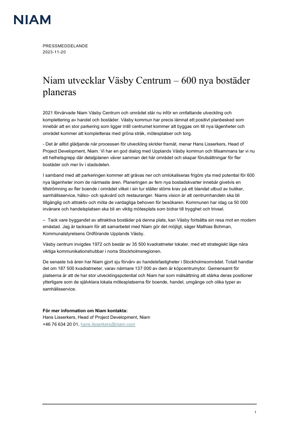 Pressmeddelande: Niam utvecklar Väsby Centrum  600 nya bostäder planerass