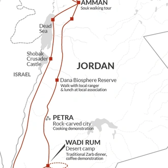 tourhub | Explore! | A Taste of Jordan - Petra and Wadi Rum | Tour Map