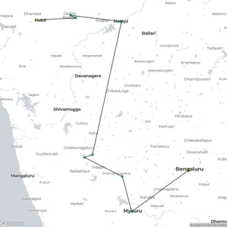 tourhub | Agora Voyages | Hubli to Hampi, Belur, Halebedu, Mysore & Bangalore Tour | Tour Map