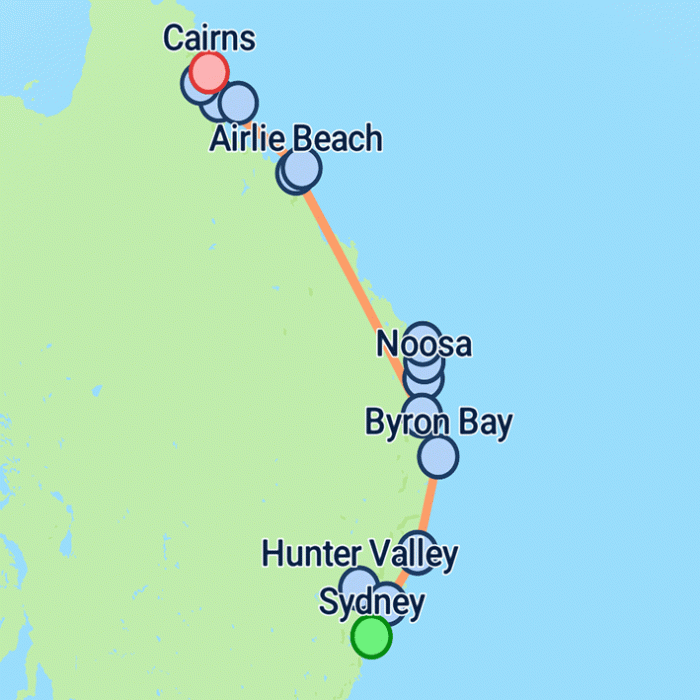 tourhub | On The Go Tours | Sydney to Cairns Explorer - 14 days | Tour Map