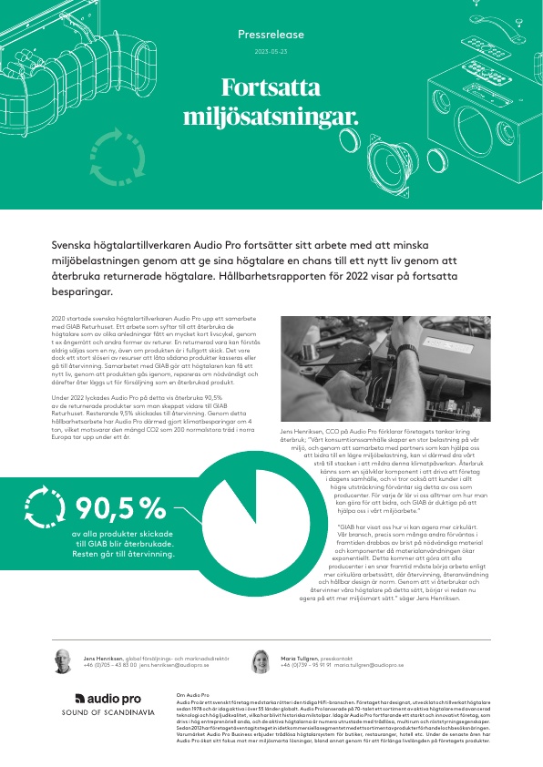 Pressrelease Svensk, Audio Pro, GIAB, Sustainability Report