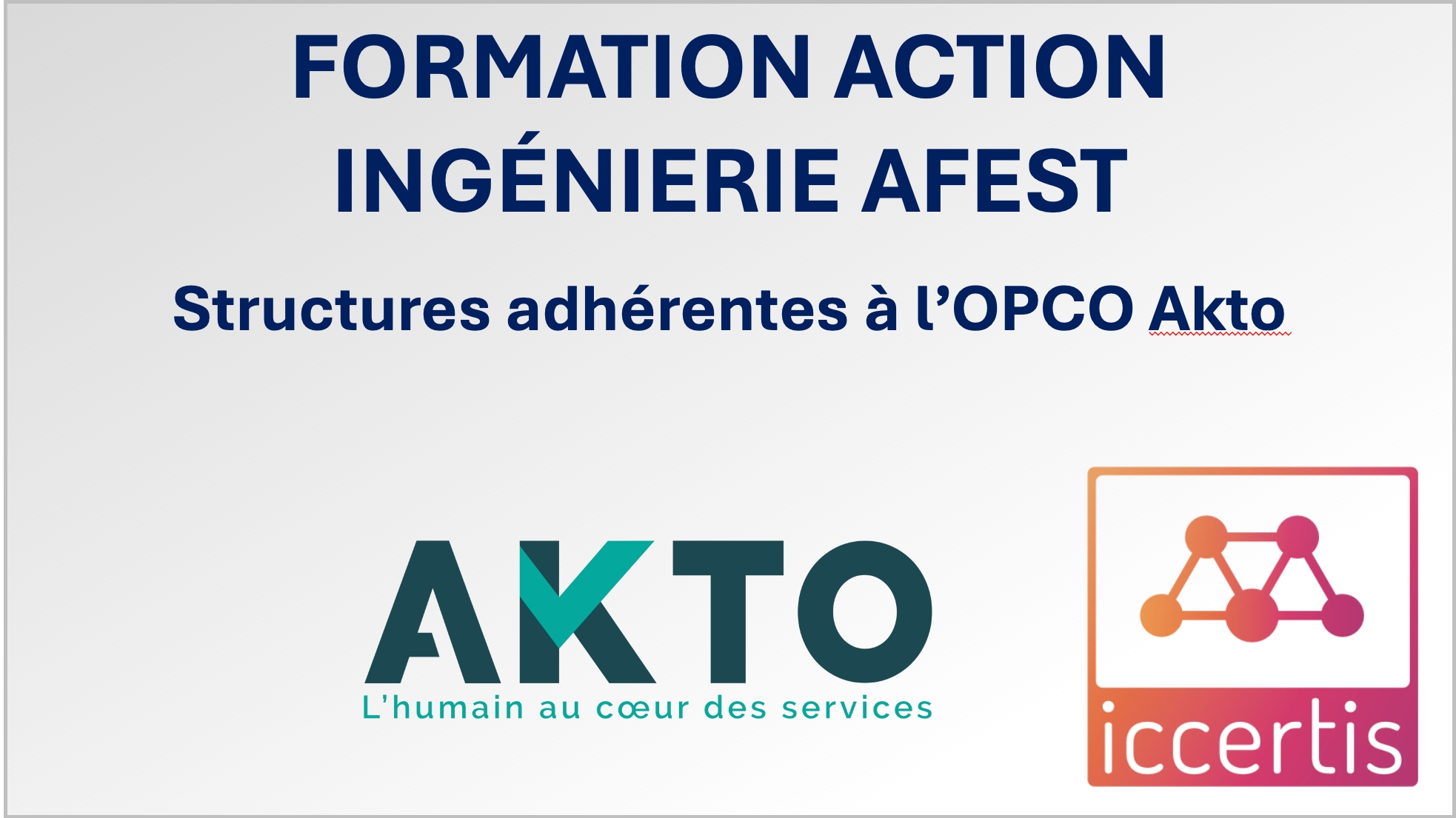 Représentation de la formation : INTRA AKTO - Formation des Formateurs et Référent AFEST.
3 Modules : Les bases, l'ingénierie de parcours et l'animation d'une AFEST.