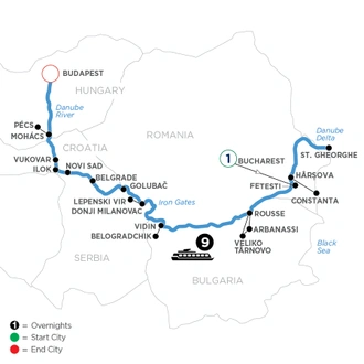 tourhub | Avalon Waterways | The Danube from Romania to Budapest with 1 Night in Bucharest (Passion) | Tour Map