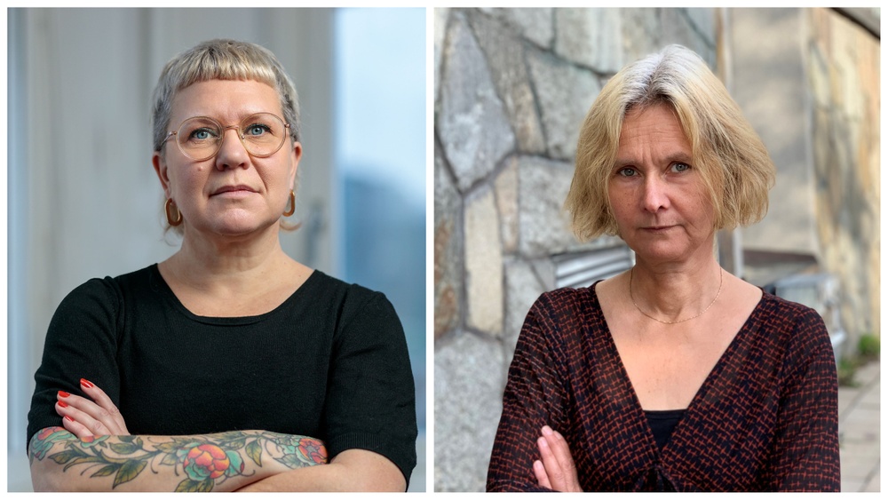 Sara Edström, ordförande för Konstnärernas Riksorganisation, och Åsa Berndtsson, ordförande för Bildupphovsrätt är kritiska till att upphovsrättsersättningen IV inte räknas upp. Foto: Jann Lipka/Emma Grip