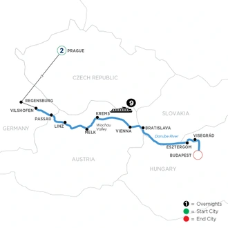 tourhub | Avalon Waterways | Illuminations on the Danube with 2 Nights in Prague (Eastbound) (Impression) | Tour Map