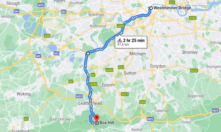 Westminster Bridge to Box Hill cycle route