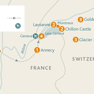 tourhub | Riviera Travel | Burgundy, the River Rhône and Provence River Cruise with Lake Geneva and Golden Pass Extension - MS Lord Byron | Tour Map