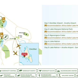 tourhub | Beach and Safari Holidays | From Zanzibar:5-Day All-Inclusive North safari National Park | Tour Map