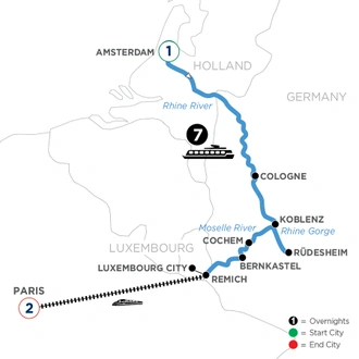 tourhub | Avalon Waterways | The Rhine & Moselle: Canals, Vineyards & Castles with 1 Night in Amsterdam & 2 Nights in Paris (Tranquility II) | Tour Map