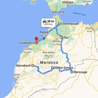 tourhub | Morocco Private Tours | 7 Days Tour from Marrakech to Casablanca visiting Sahara, Fes, Chefchaouen & more | Tour Map