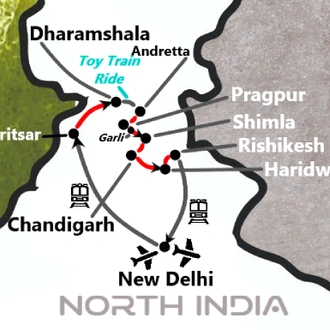 tourhub | TTI Tours | Walking Trip Of Amritsar Dharamshala Heritage Village Toy Train -Shimla Haridwar & Rishikesh 14 Days | Tour Map