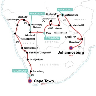 tourhub | G Adventures | Southern Africa Overland: Cape Town, Falls & Kruger | Tour Map