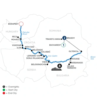 tourhub | Avalon Waterways | The Danube from Romania to Budapest with 1 Night in Bucharest and 2 Nights in Transylvania (Illumination) | Tour Map