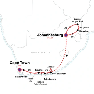 tourhub | G Adventures | Kruger Safari & The Garden Route | Tour Map