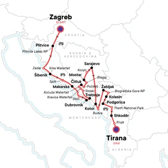 tourhub | G Adventures | Classic Balkans:  Zagreb to Tirana | Tour Map