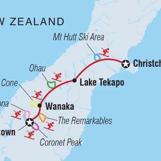 tourhub | Intrepid Travel | Ski New Zealand: 8 Day Snow Safari (Queenstown to Christchurch) | Tour Map