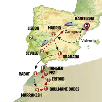 tourhub | Europamundo | Barcelona, Madrid, Mysterious Morocco and Lisbon | Tour Map