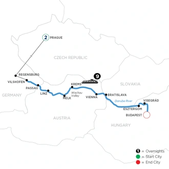 tourhub | Avalon Waterways | Illuminations on the Danube with 2 Nights in Prague (Eastbound) (Expression) | Tour Map