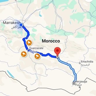 tourhub | Morocco Global Adventures | 3 Day tour from Marrakech to Merzouga desert with camel trek  and back to Marrakech round trip | Tour Map