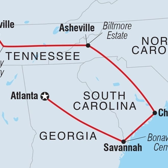 tourhub | Intrepid Travel | Georgia History Trail to Nashville		 | Tour Map