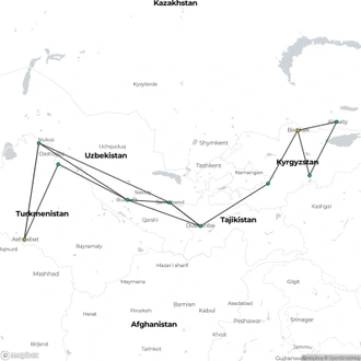 tourhub | Oasis Overland | Ashgabat To Bishkek (46 Days) Silk Road Highlights & Kyrgyzstan Overland | Tour Map