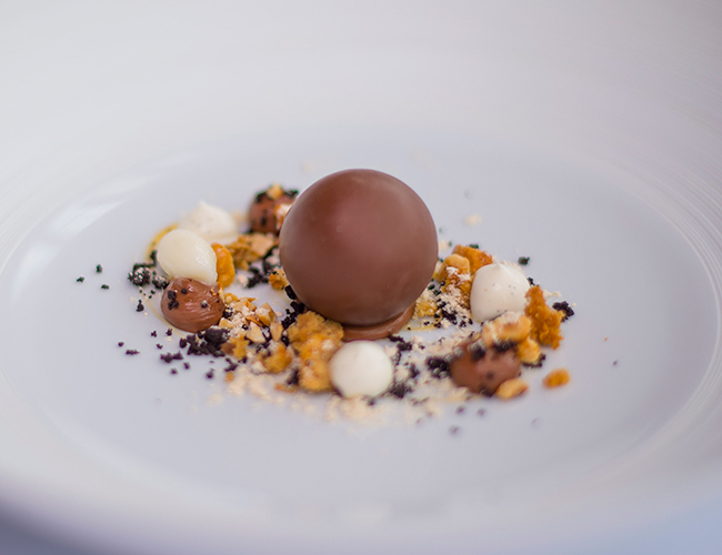 Praline parfait, caramel, bitter chocolate, frozen yoghurt by Michael Wignall at Gidleigh Park