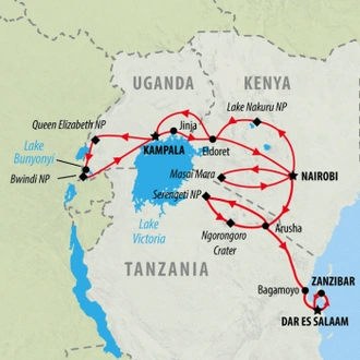 tourhub | On The Go Tours | Gorilla Trek, Kenya & Tanzania (Accommodated) - 28 days | Tour Map