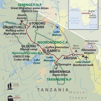 tourhub | Wild Frontiers | Tanzania: Safari, Serengeti & Maasai Heartlands (Shoulder Season) | Tour Map