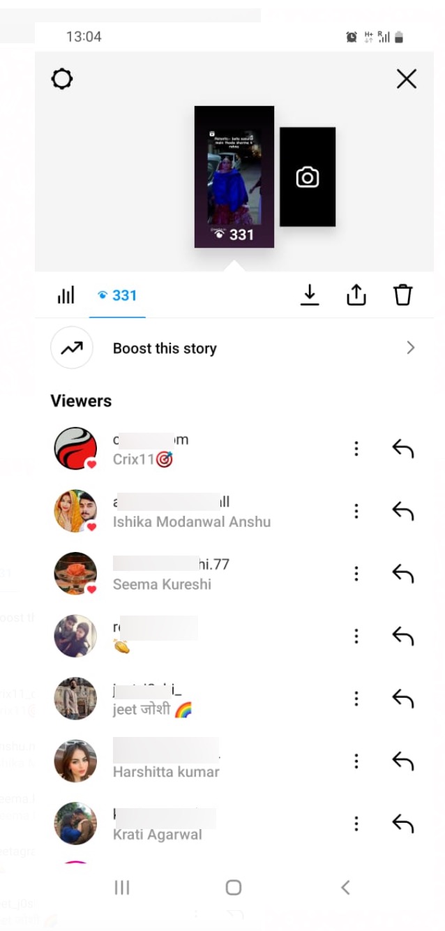 An image showing the list of Instagram usernames who have viewed a story