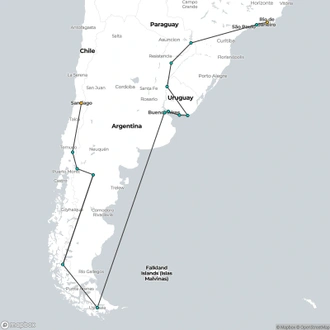 tourhub | Oasis Overland | RIO to SANTIAGO (59 days) Coast to Coast via Patagonia | Tour Map