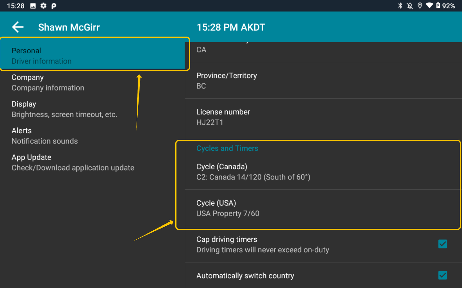 Setting Hours of Service Cycle Types