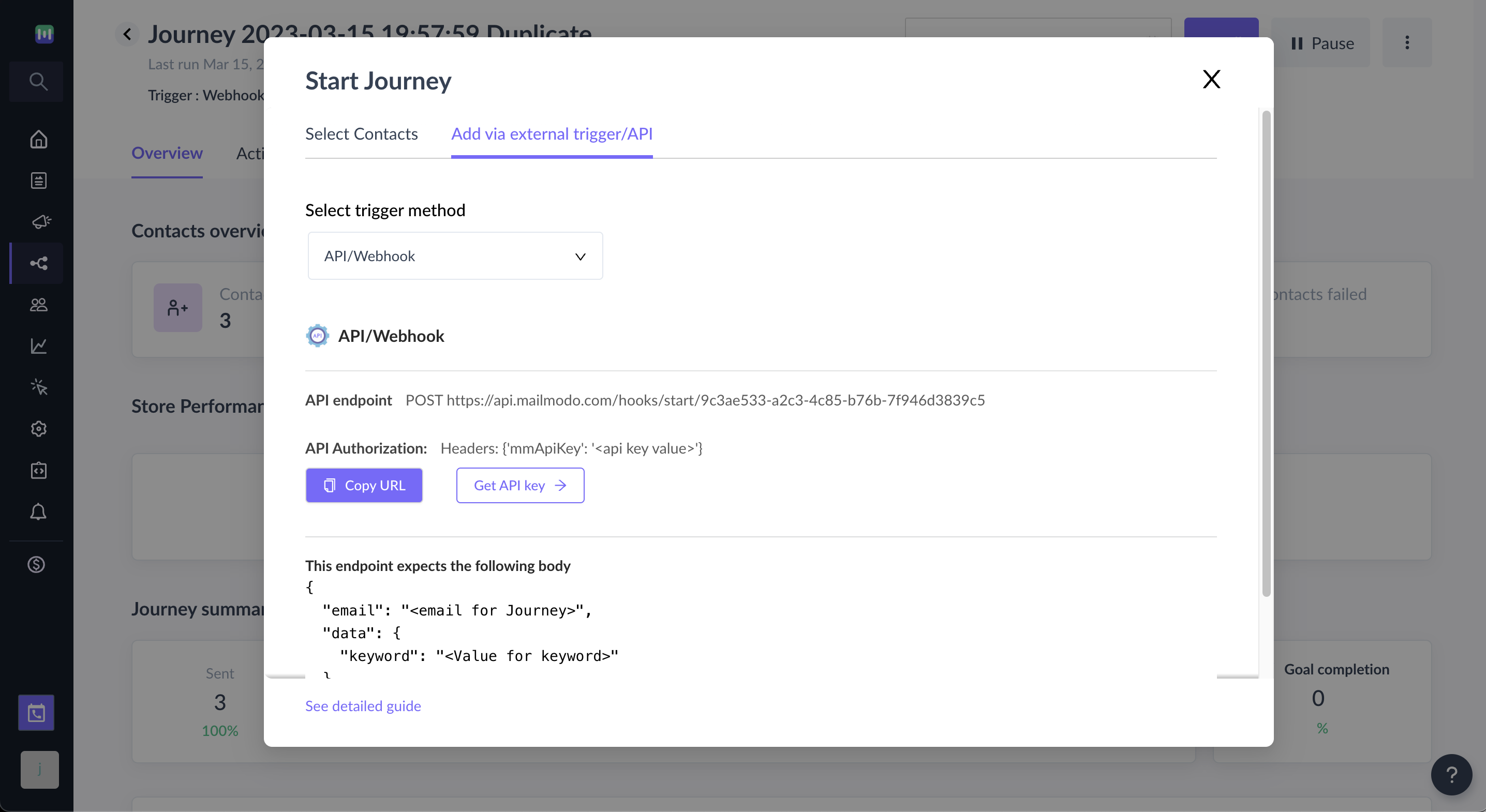 Trigger journey through API