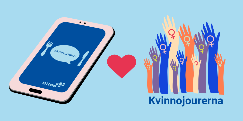 Grafisk bild med tre illustrationer, en mobil med Killmiddag loggan på skärmen, ett hjärta och händer med kvinnosymbolen i händerna och texten Kvinnojourerna.