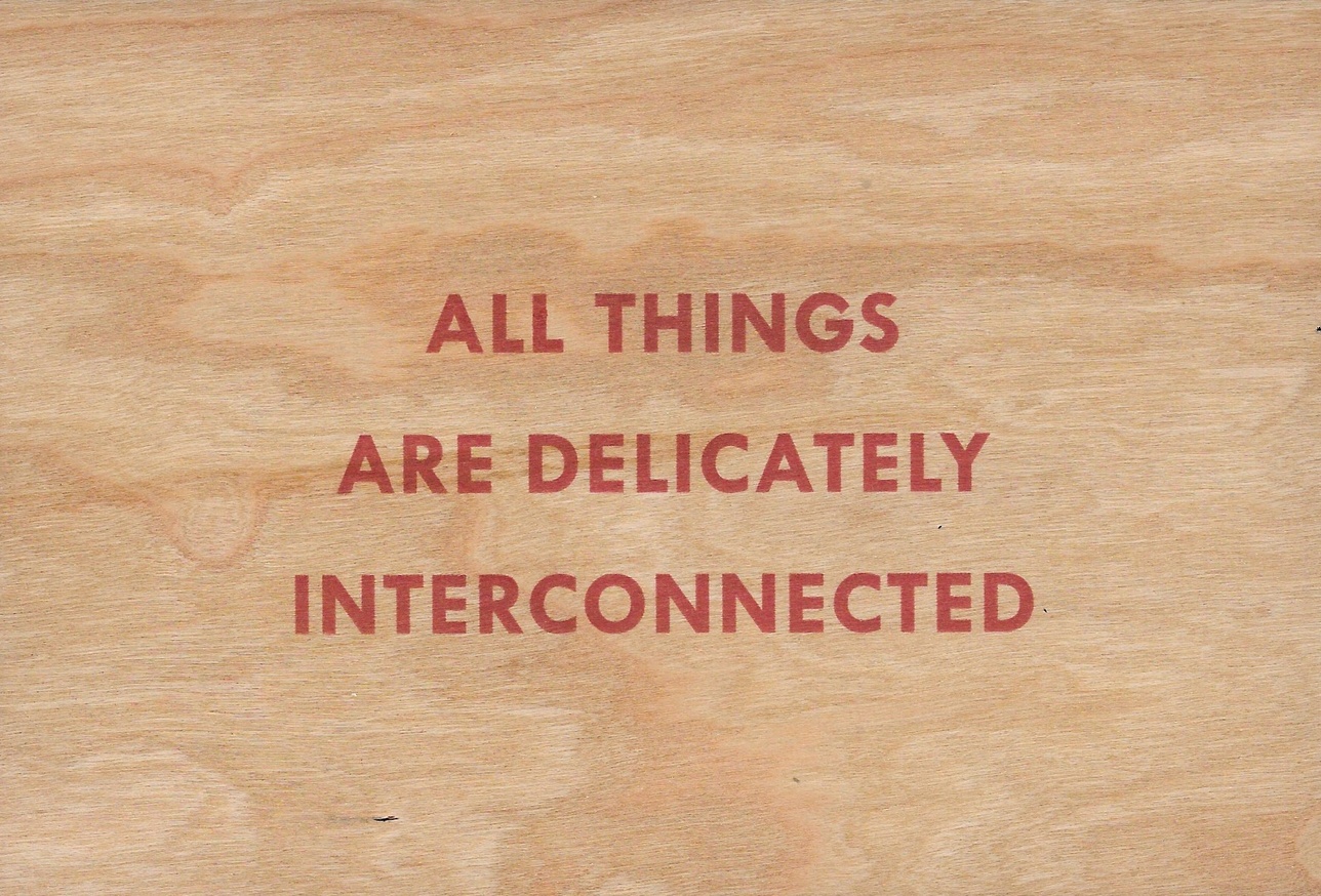 All Things Are Delicately Interconnected Wooden Postcard [Red Text]