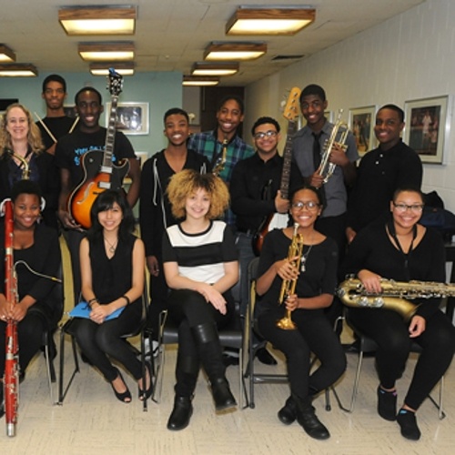 My school's jazz band before a concert at Lehman College. (Me on the front left side holding trombone.)