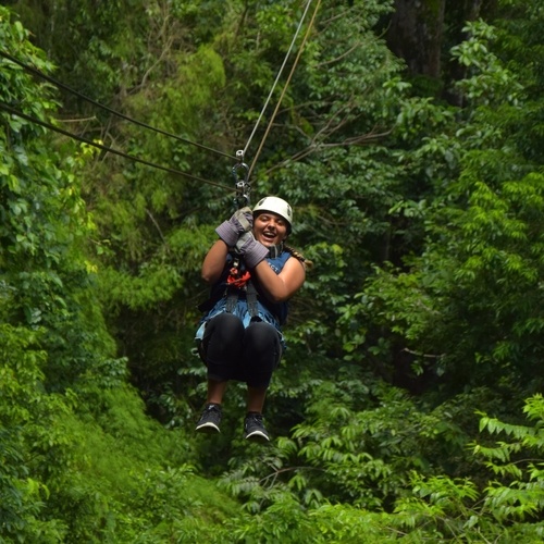 As I ziplined down from the rainforest canopy, the trees, the air, the view surrounded me!