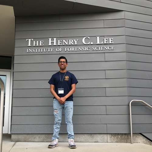 This is me standing at The Henry C. Lee Institute of Forensic Science, which is where we had all of our classes