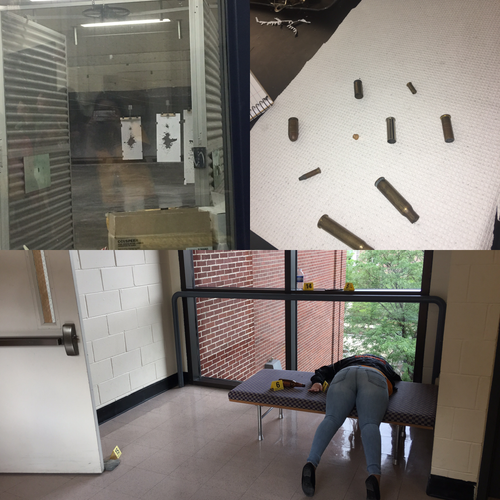 This is a practice crime scene before the actual one. There is also a picture of the shooting range at the troopers academy and some shell casings and bullets that we examined. 