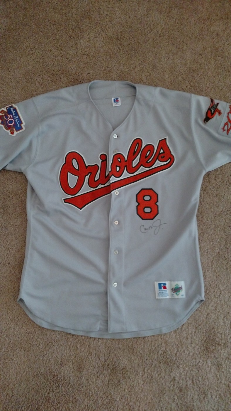 Autographed 1997 Cal Ripken Jr. Orioles Road Jersey, w/ Jackie Robinson's  50th Anniversary Patch, plus Baltimore 200 patch on opposite sleeve