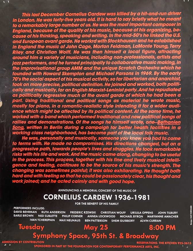 Benefit for the Family of Cornelius Cardew, May 25, 1982  [The Kitchen Posters]