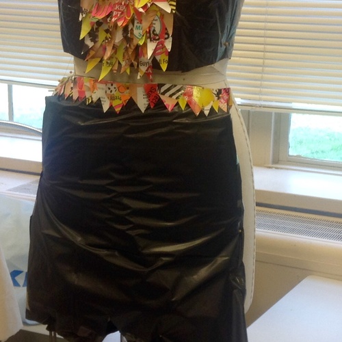 What I made out of trash bags and magazine for my recycled collection project - shorts and corset 