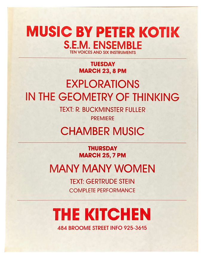Explorations in the Geometry of Thinking, Chamber Music, Many Many Women, March 1982 [The Kitchen Posters]
