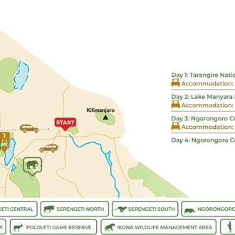 tourhub | Beach and Safari Holidays | Tanzania's Treasures: Tarangire, Manyara, and Ngorongoro | Tour Map