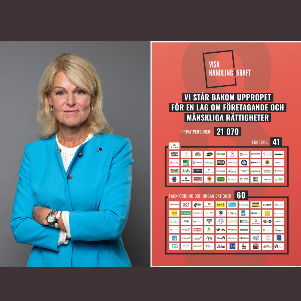 Utrikeshandelsminister Anna Hallberg samt plansch med det insamlade stödet för uppropet 