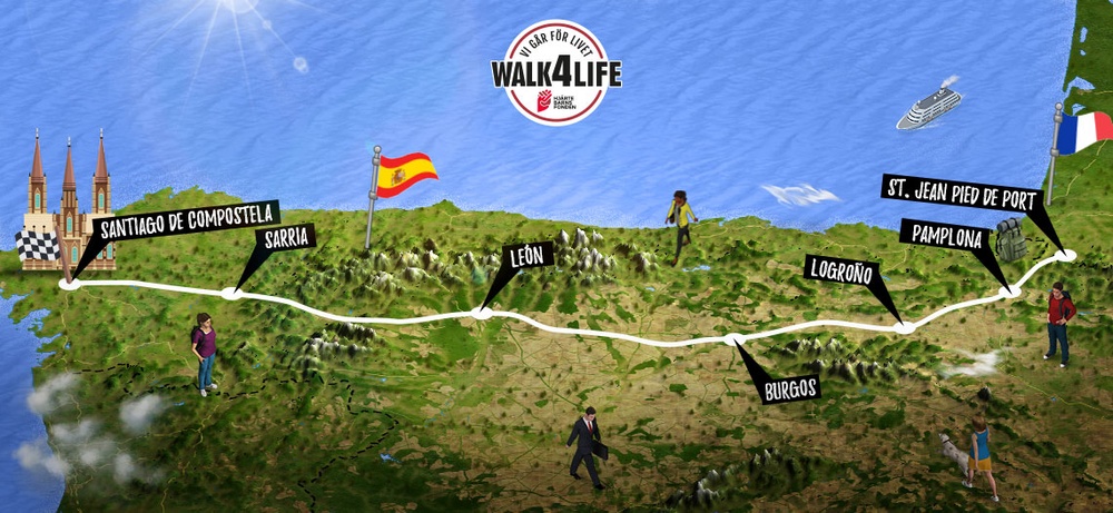 En illustrerad karta över nordvästra Spanien, en linje som är dragen längs den norra kusten och Santiago de Compostela längst ut till vänster, det är målet. 