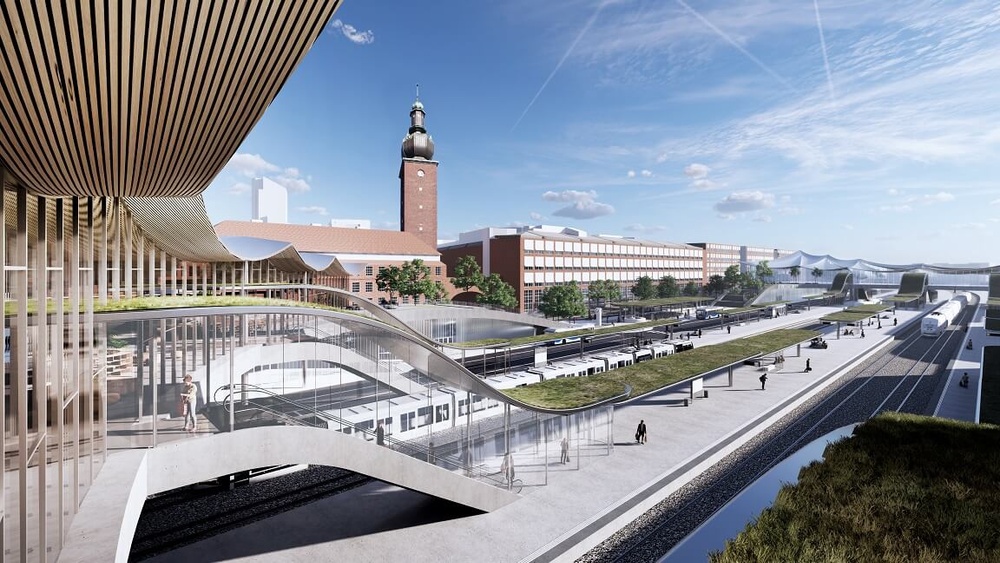 Resecentrum år 2040. Utsikt från resecentrums etapp 1, över den ombyggda bangården och etapp 2 till höger