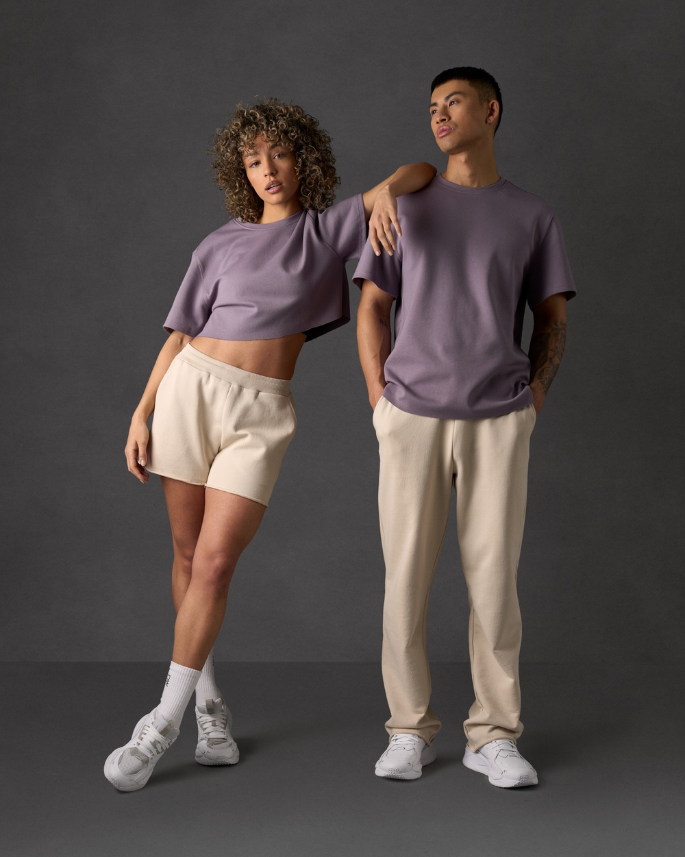 Unified T-shirt Purple, Unified Sweat Shorts Beige, Unified Sweat Pants Beige