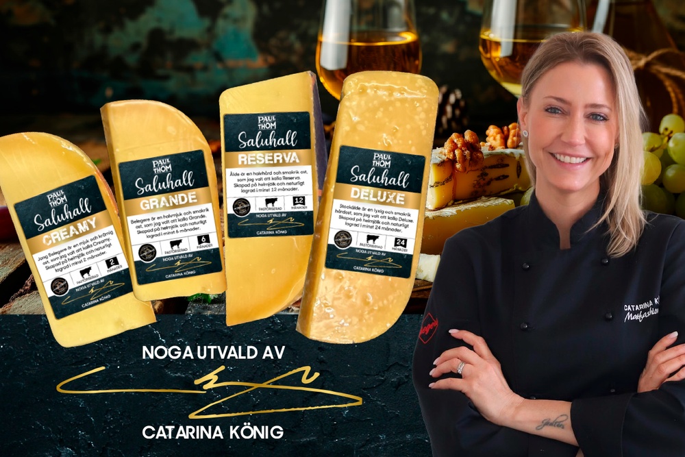Smakrika ostar i olika lagringstid, i förgrunden mästerkocken och matkreatören Catarina König. Bakgrund med vin, ost och vindruvor.